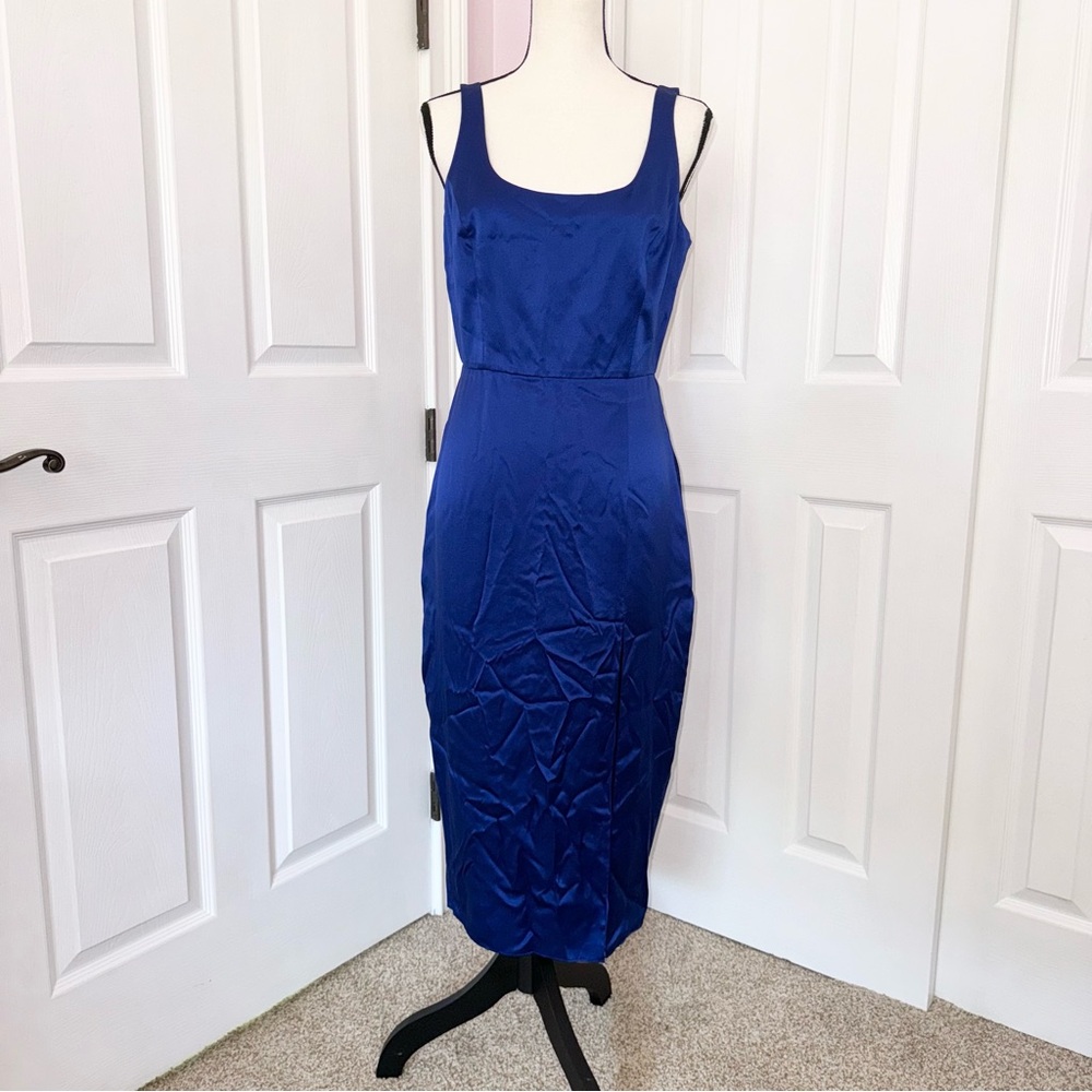 NWT Amanda Uprichard 100% silk royal blue midi dress w side slit, size medium - Picture 3 of 16